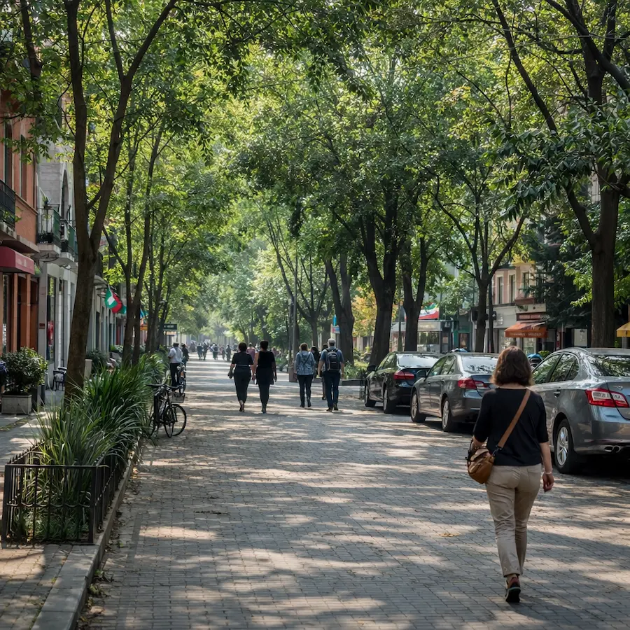 Tree-lined street in Roma Norte Mexico City with people walking in a safe and vibrant neighborhood for solo travelers