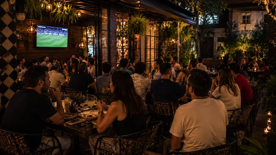 Outdoor terrace in Roma Norte during a World Cup football night