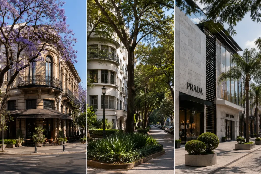 Tree-lined street in Mexico City with historic mansions and elegant architecture, representing the distinct charm of Roma Norte, Condesa and Polanco.