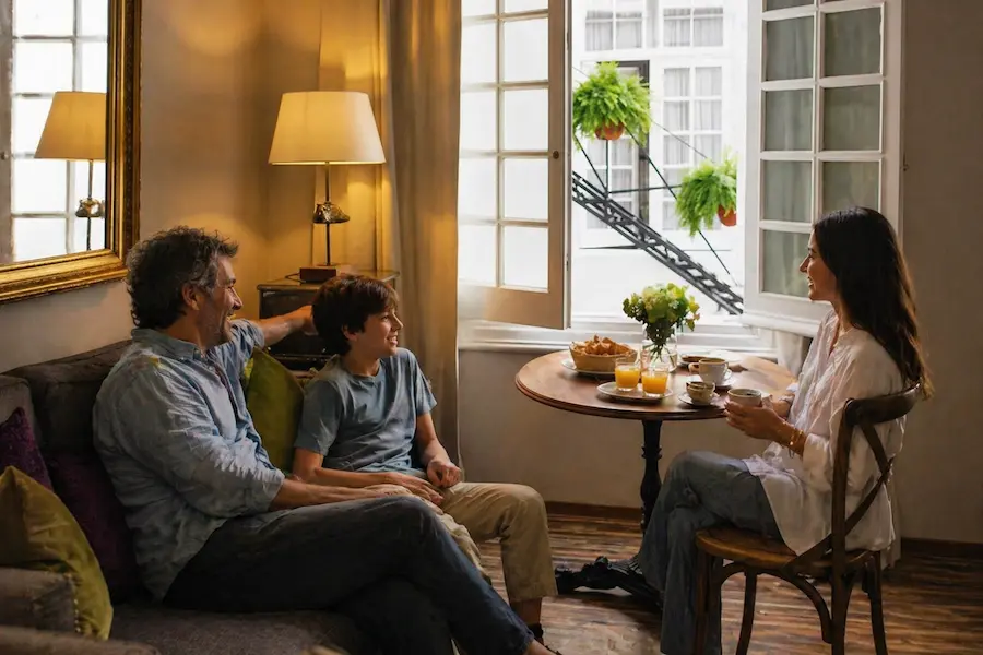 Family with teenager relaxing in Casa Goliana boutique hotel room in Roma Norte CDMX