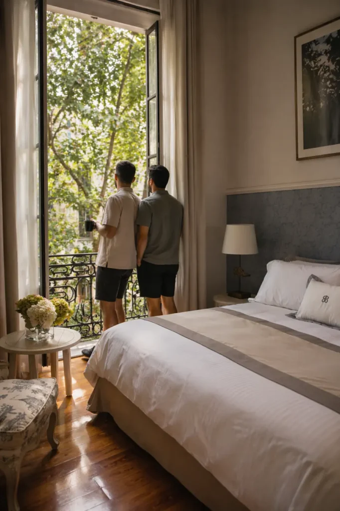 Couple walking in Roma Norte near a boutique hotel, one of the best LGBTQ friendly hotels in Mexico City