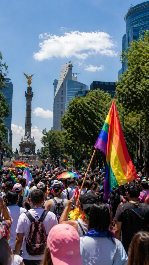 Mexico City Pride parade 2026 at Angel of Independence with crowd and rainbow flags on Paseo de la Reforma
