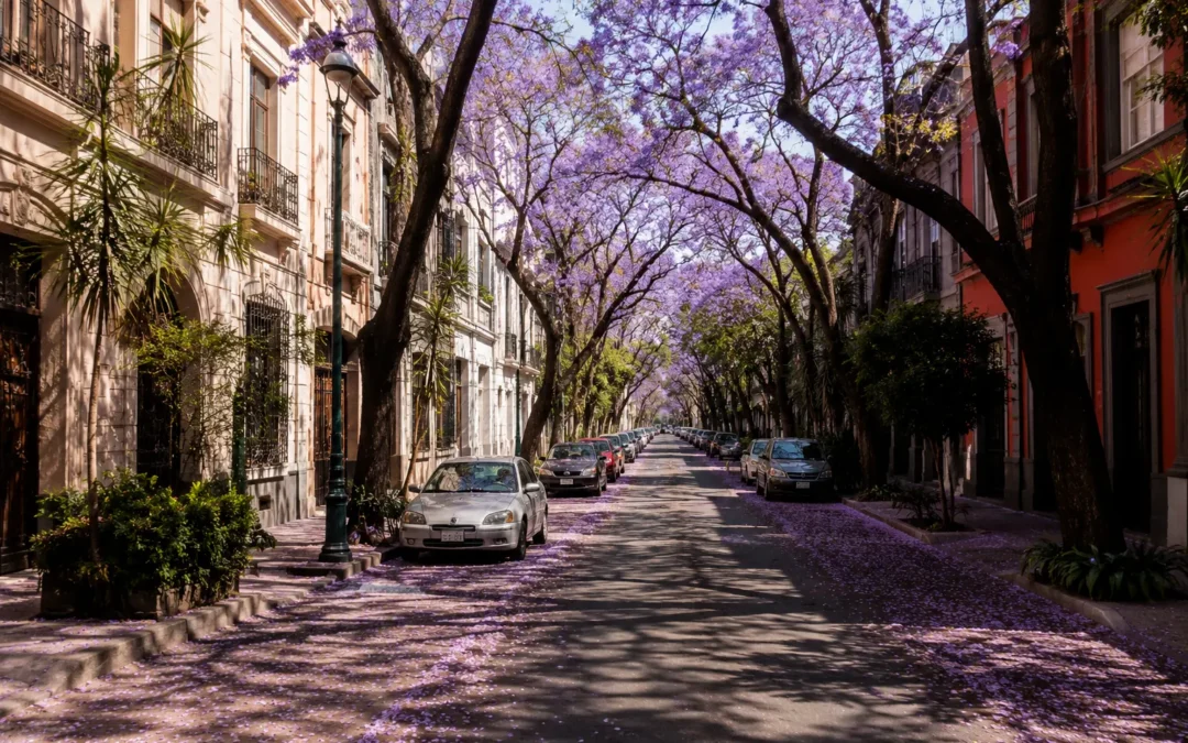 Jacaranda trees blooming along a sunny Mexico City street, representing one of the best seasons to visit and the city’s mild year-round climate.