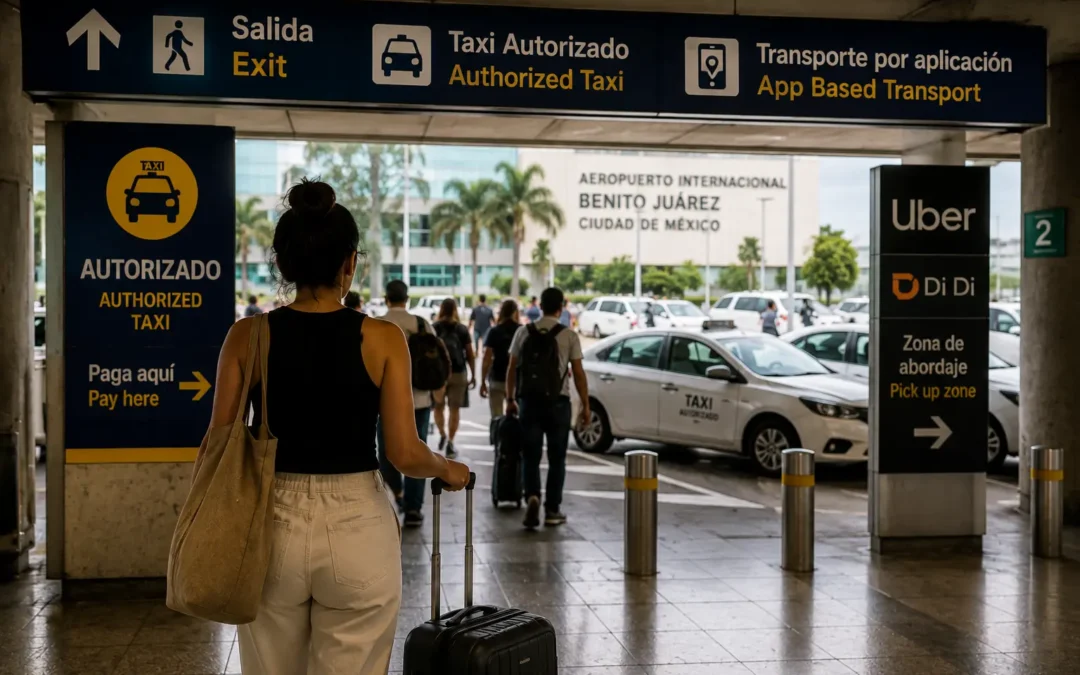 Traveler with luggage at Mexico City airport preparing for transport to Roma Norte, highlighting arrival options for a smooth transfer into the city.