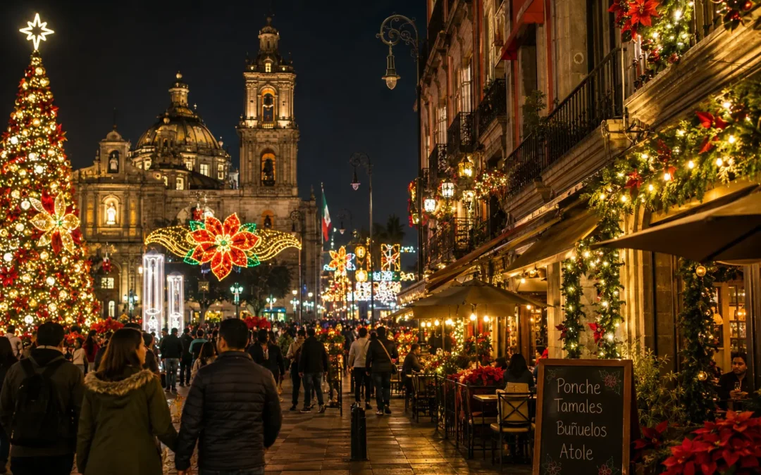Holiday lights and festive decorations in Mexico City during December, capturing the seasonal atmosphere of Christmas, Posadas and year-end celebrations.