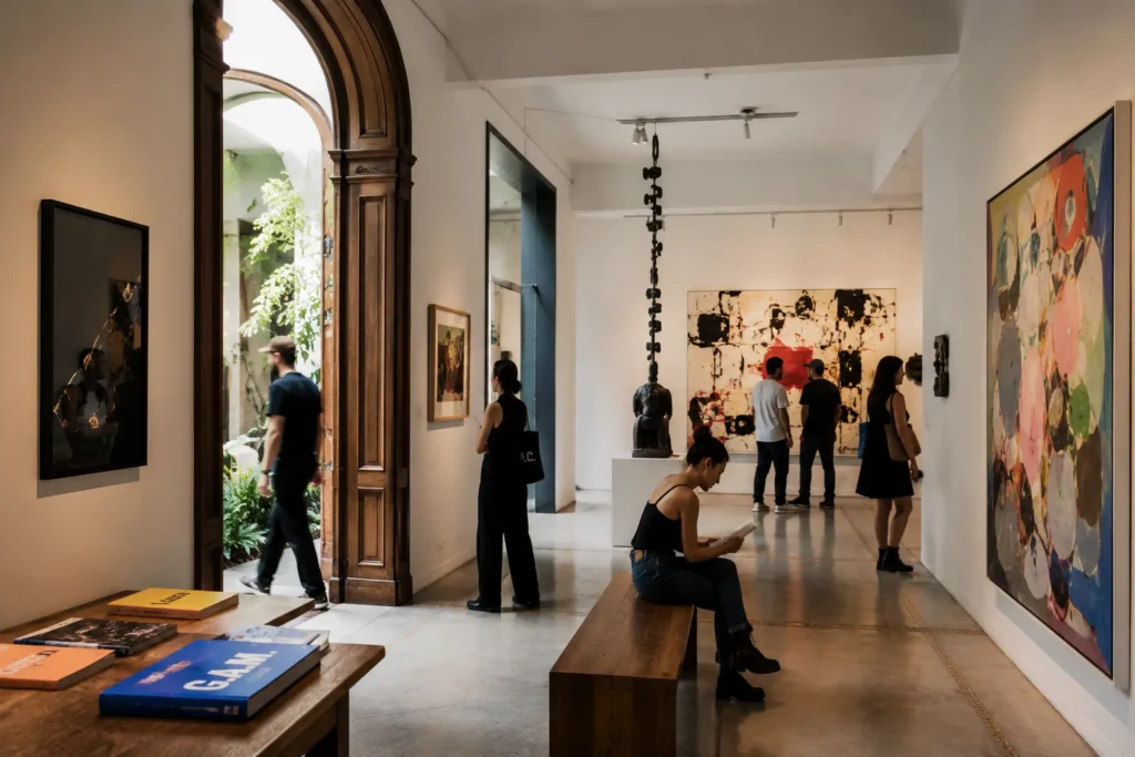 Visitors entering a contemporary art gallery inside a restored mansion in Roma Norte, reflecting the neighborhood’s walkable art and design scene.