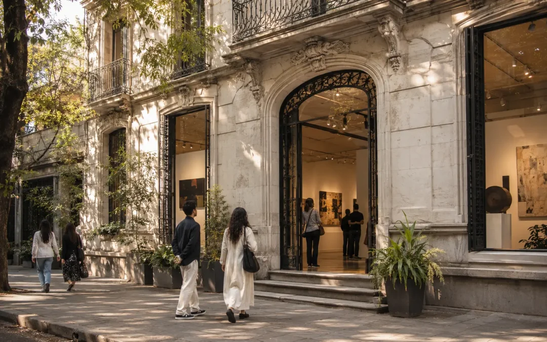 Visitors entering a contemporary art gallery inside a restored mansion in Roma Norte, reflecting the neighborhood’s walkable art and design scene.