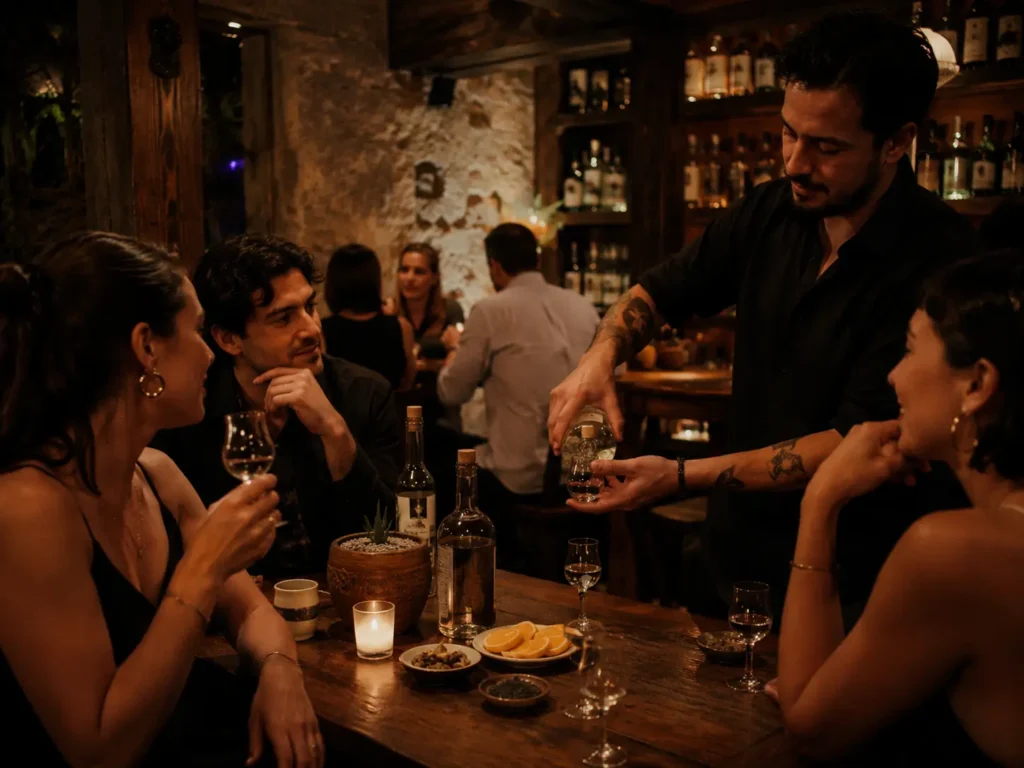 Guests enjoying cocktails at an intimate Roma Norte bar, capturing the neighborhood’s lively nightlife, mezcal culture and stylish evening atmosphere.
