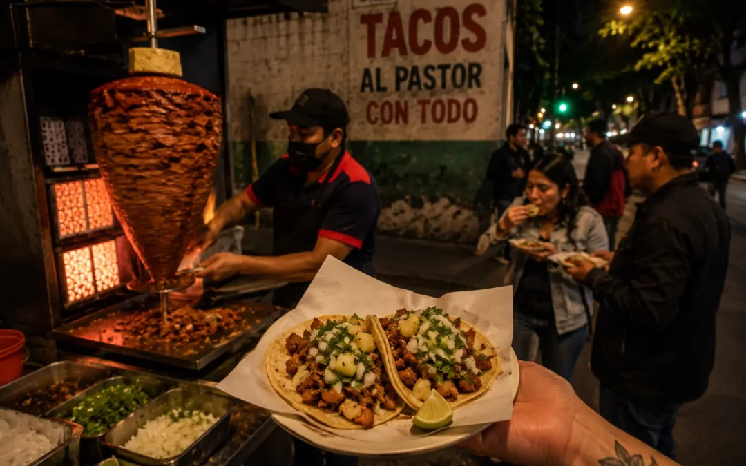 Street tacos served at a busy al pastor stand in Roma Norte, capturing the neighborhood’s street food culture and late-night taco scene in Mexico City.